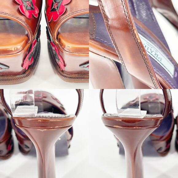 Prada Tobacco Brown Leather Floral Platform Ankle Strap High Heel Sandals IT 38 - Picture 9 of 14